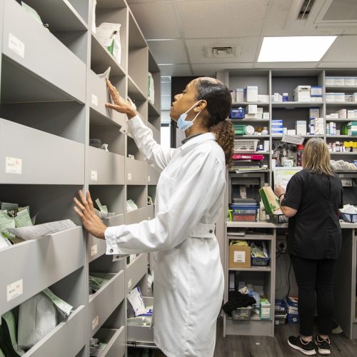 Pharmacists working in a medication storage room in a medical practice, UK